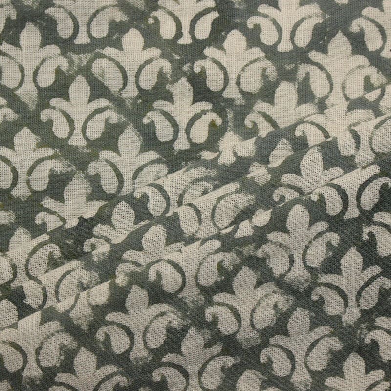 Aristan Handmade Block Print Green Off White Linen Fabric - Rajputana Jaal