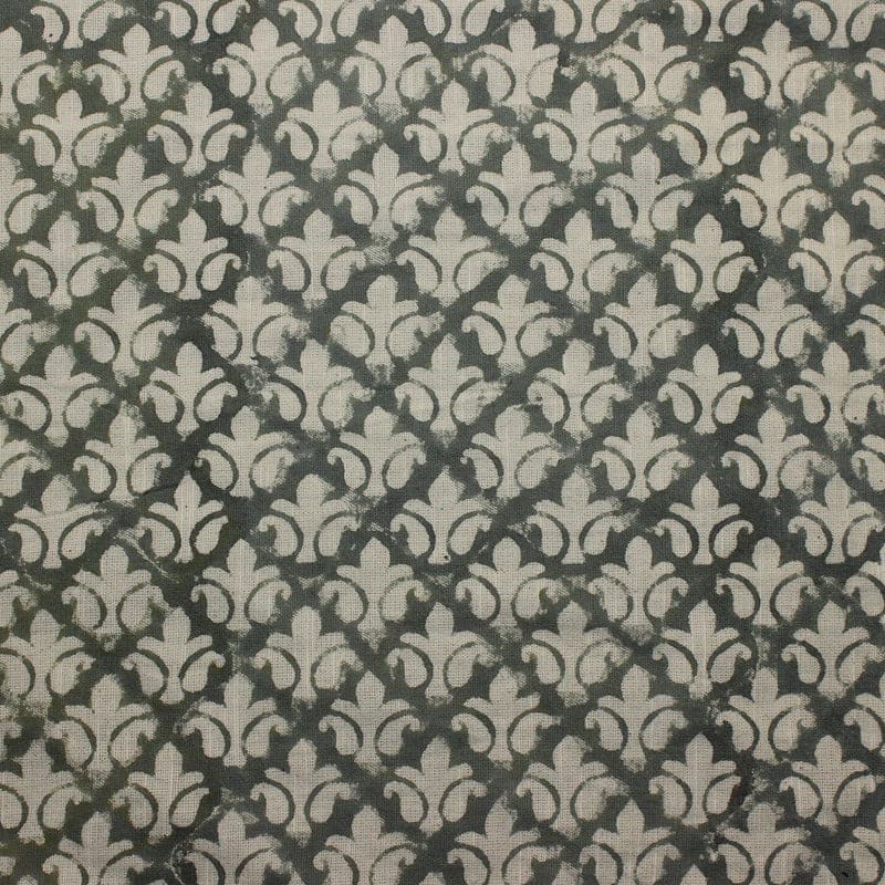Aristan Handmade Block Print Green Off White Linen Fabric - Rajputana Jaal