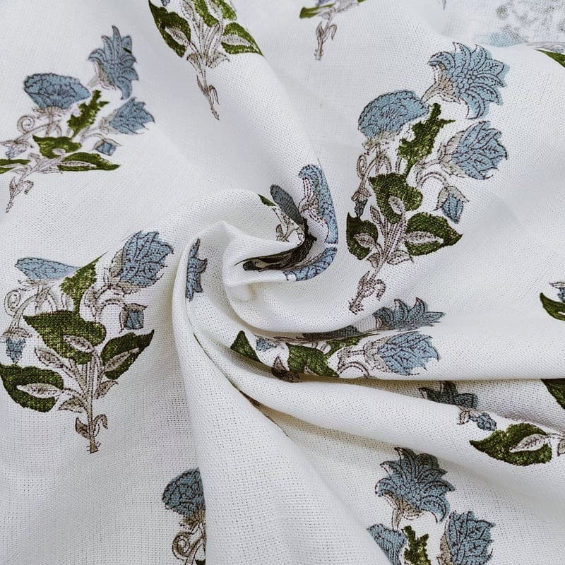 Handmade Block Print  Green Off White linen Fabric - Abhishek