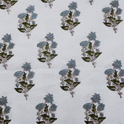 Handmade Block Print  Green Off White linen Fabric - Abhishek