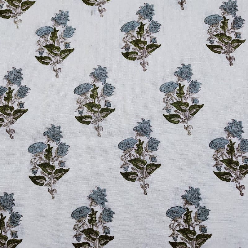 Handmade Block Print  Green Off White linen Fabric - Abhishek