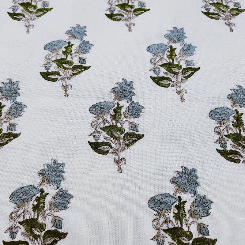 Handmade Block Print  Green Off White linen Fabric - Abhishek