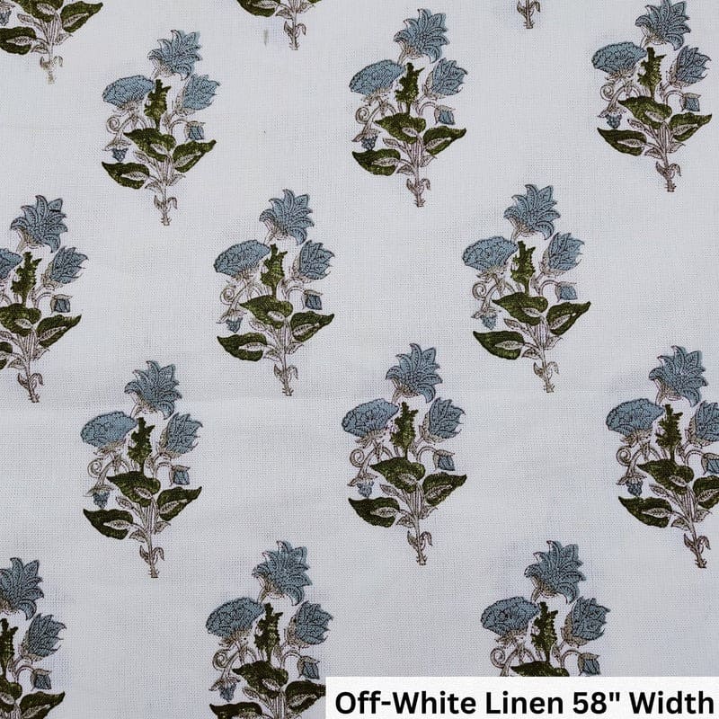 Handmade Block Print  Green Off White linen Fabric - Abhishek