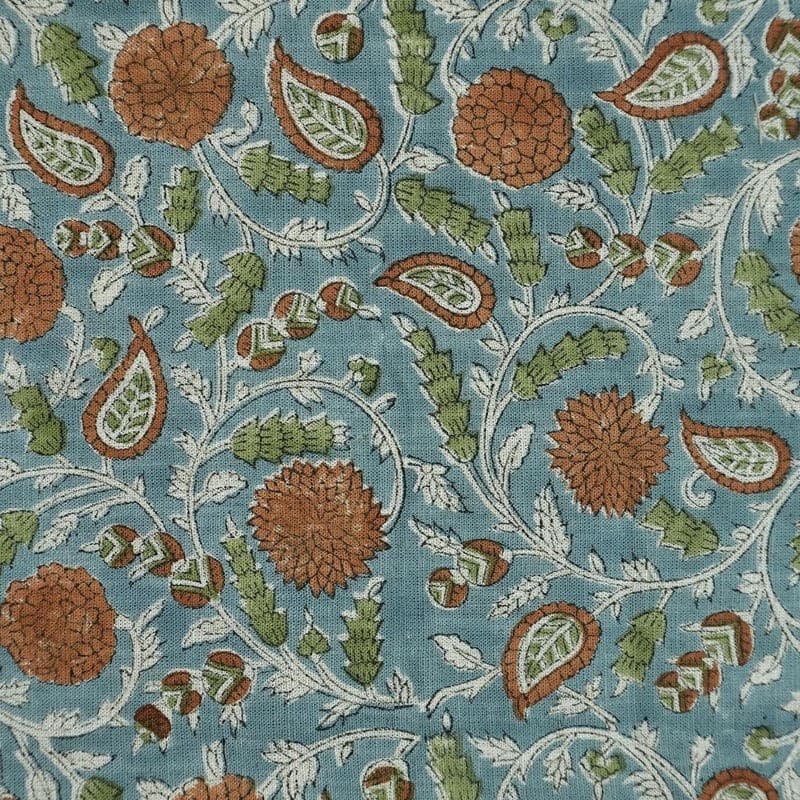 Hand Block Print Green & Grey Viscose Linen Fabric - Gopi