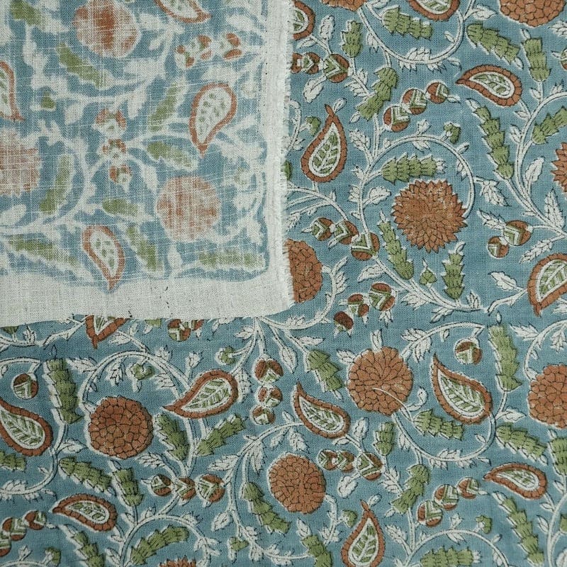 Hand Block Print Green & Grey Viscose Linen Fabric - Gopi