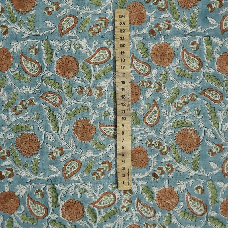 Hand Block Print Green & Grey Viscose Linen Fabric - Gopi