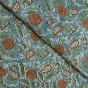 Hand Block Print Green & Grey Viscose Linen Fabric - Gopi