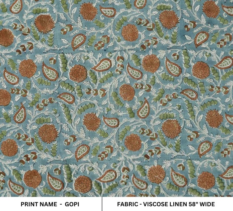 Hand Block Print Green & Grey Viscose Linen Fabric - Gopi
