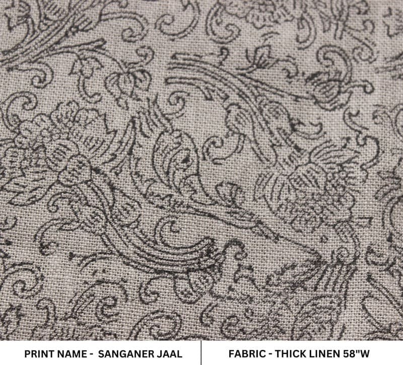 Aristanal Hand Block Print Grey Thick Linen Fabric - Sanganer Jaal