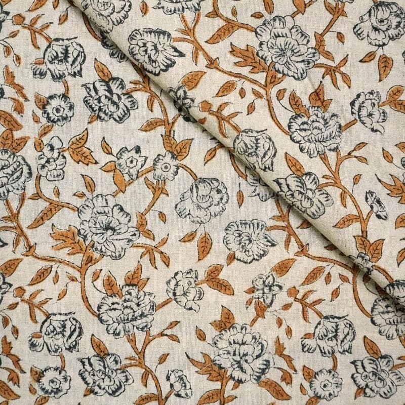 Premium Hand Block Print Mustard Cotton Linen Fabric - Mrignayani