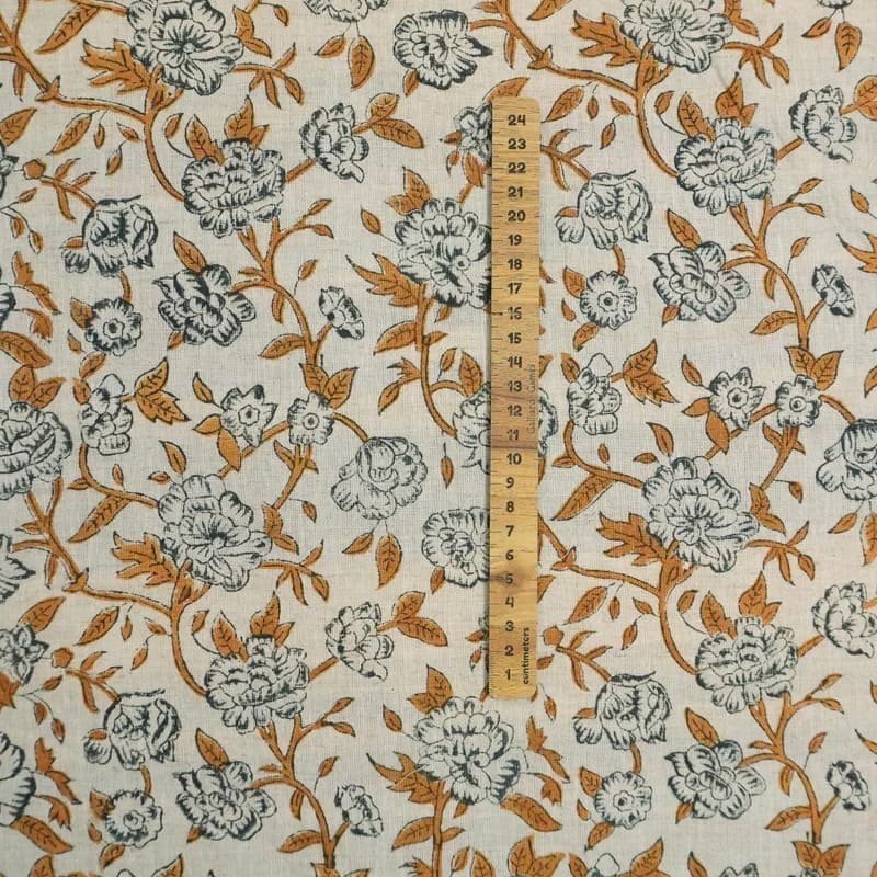 Premium Hand Block Print Mustard Cotton Linen Fabric - Mrignayani