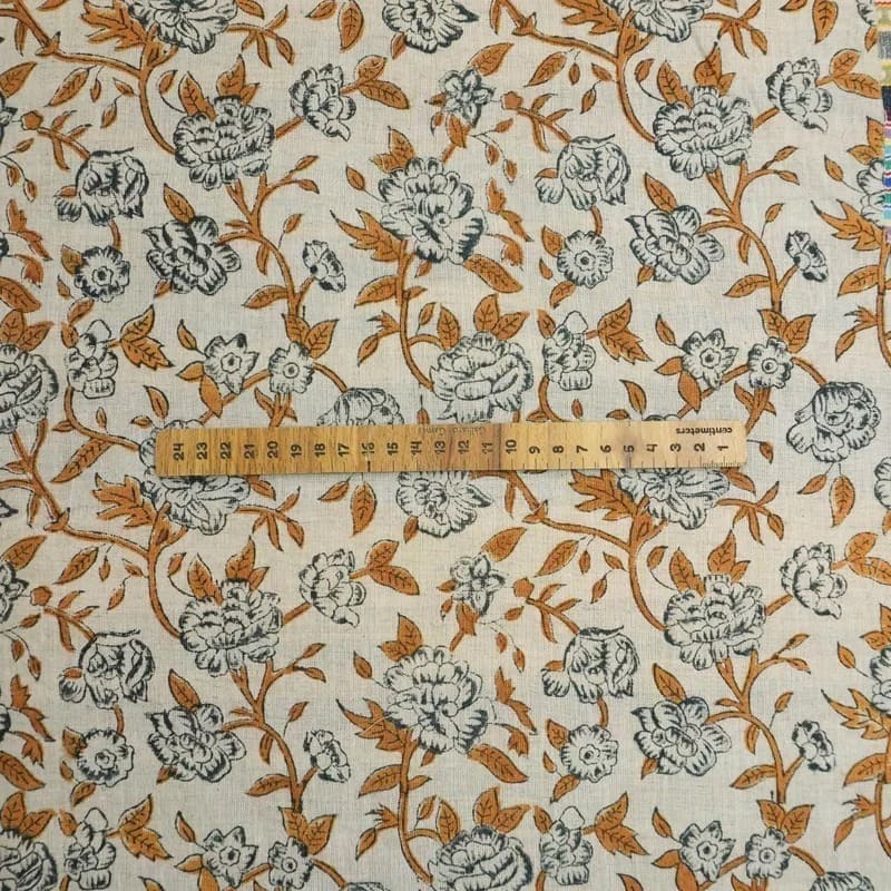 Premium Hand Block Print Mustard Cotton Linen Fabric - Mrignayani