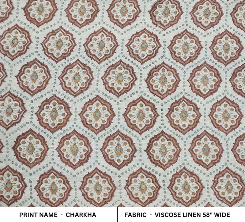 Handcrafted Block Print Mustard Viscose Linen Fabric - Charkha