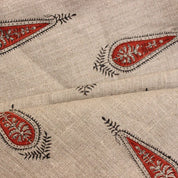 Handcrfted Block Print Red & Grey Floral Thick Linen Fabric 58"W - Traci