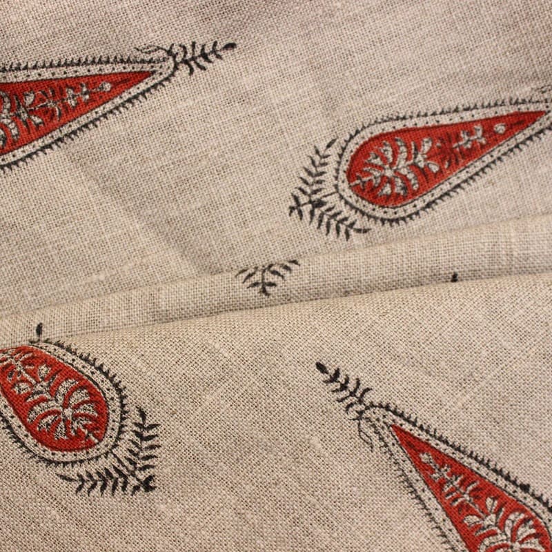 Handcrfted Block Print Red & Grey Floral Thick Linen Fabric 58"W - Traci