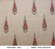 Handcrfted Block Print Red & Grey Floral Thick Linen Fabric 58"W - Traci