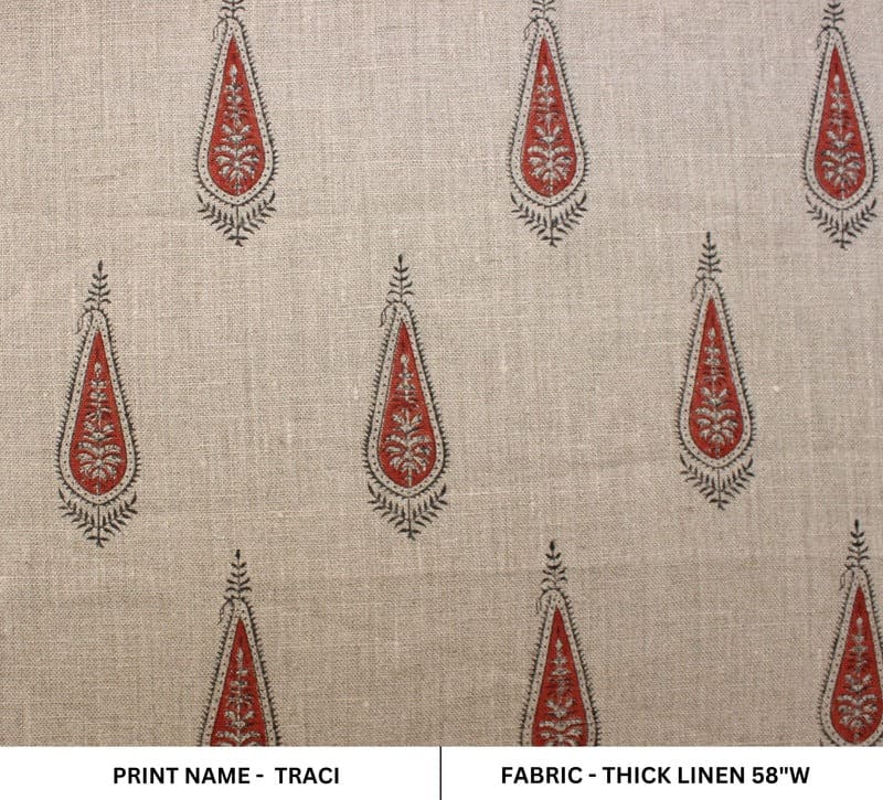 Handcrfted Block Print Red & Grey Floral Thick Linen Fabric 58"W - Traci
