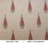 Handcrfted Block Print Red & Grey Floral Thick Linen Fabric 58"W - Traci