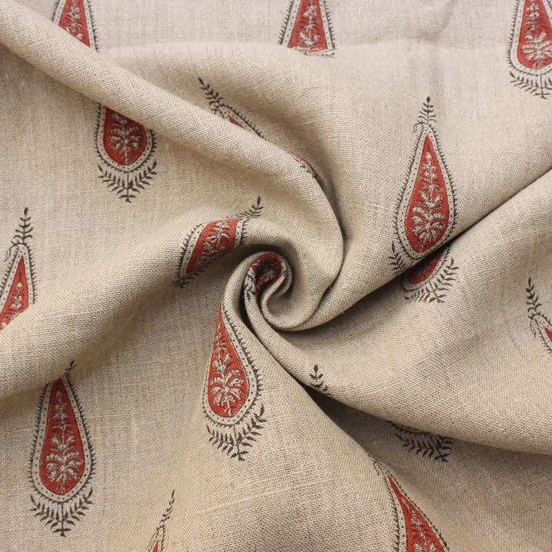 Handcrfted Block Print Red & Grey Floral Thick Linen Fabric 58"W - Traci