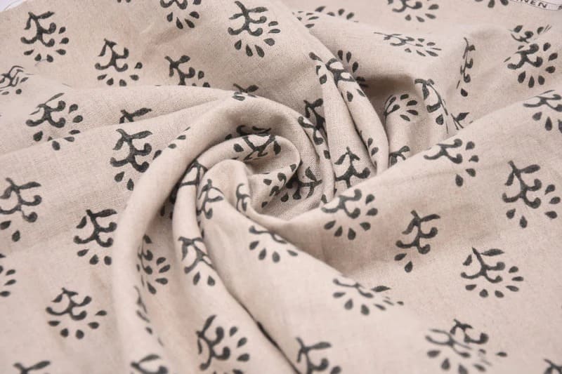 Handwoven Block print textiles Beige &Grey Pure Linen Fabric - Shivri