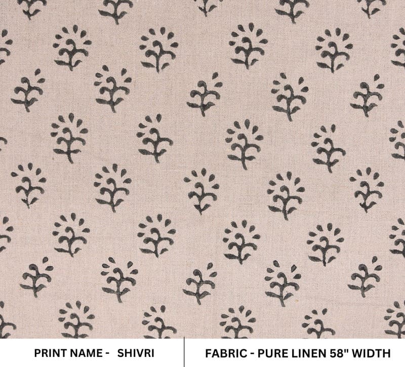 Handwoven Block print textiles Beige &Grey Pure Linen Fabric - Shivri
