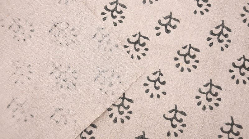 Handwoven Block print textiles Beige &Grey Pure Linen Fabric - Shivri