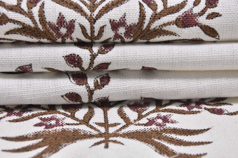 Handblock Block Printed Brown Off- White Linen Fabric  - Vrindavan