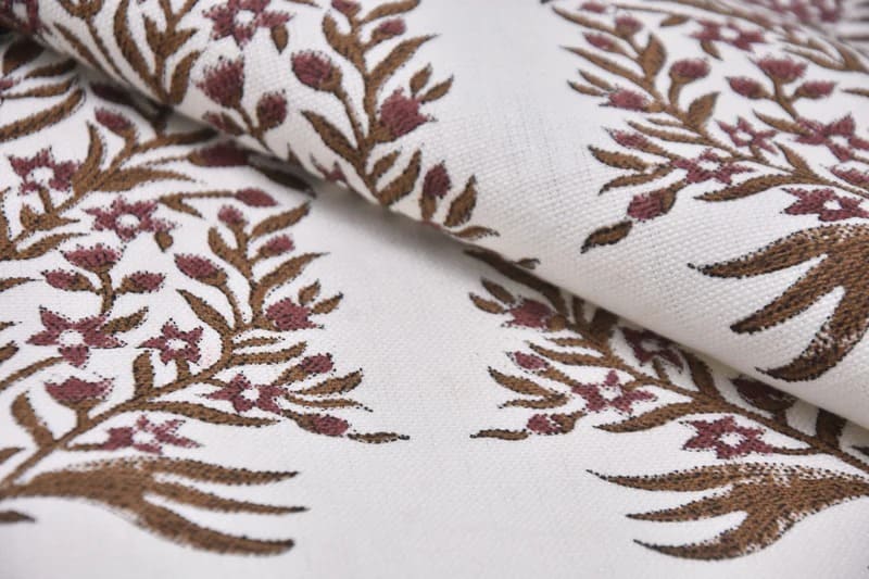 Handblock Block Printed Brown Off- White Linen Fabric  - Vrindavan