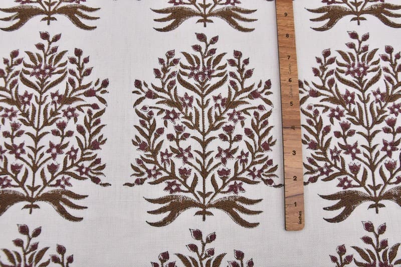 Handblock Block Printed Brown Off- White Linen Fabric  - Vrindavan