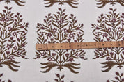 Handblock Block Printed Brown Off- White Linen Fabric  - Vrindavan