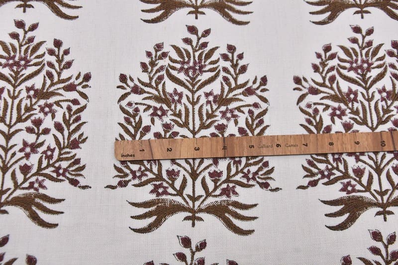 Handblock Block Printed Brown Off- White Linen Fabric  - Vrindavan