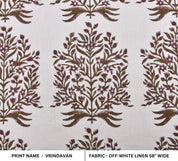 Handblock Block Printed Brown Off- White Linen Fabric  - Vrindavan