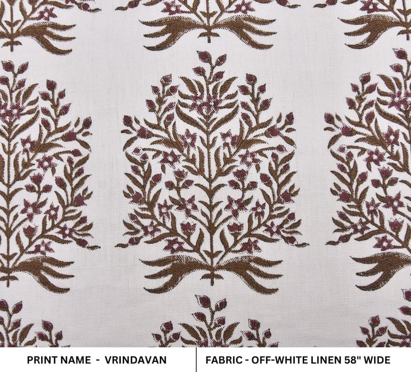 Handblock Block Printed Brown Off- White Linen Fabric  - Vrindavan