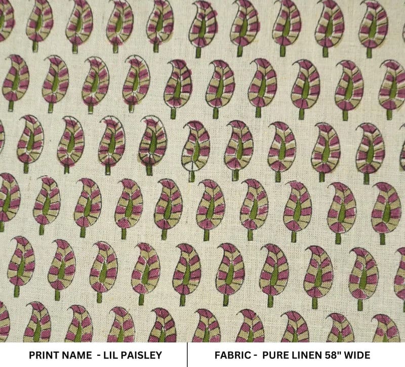 Hand Block Printed sage Green Floral Pure Linen Fabric - Lil Paisley