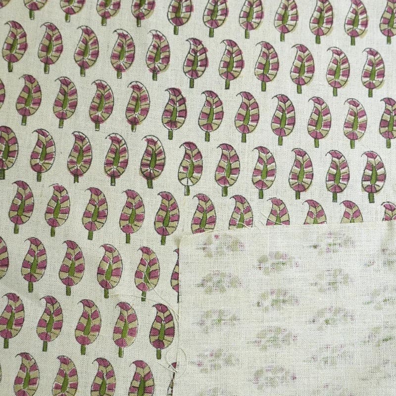Hand Block Printed sage Green Floral Pure Linen Fabric - Lil Paisley