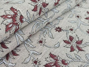 Handmade Block Printed Red & Gray Thick Linen Fabric  - Aradhana