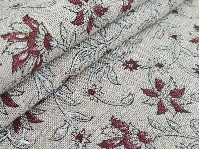 Handmade Block Printed Red & Gray Thick Linen Fabric  - Aradhana