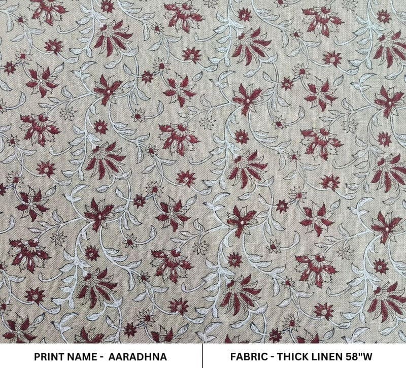 Handmade Block Printed Red & Gray Thick Linen Fabric  - Aradhana