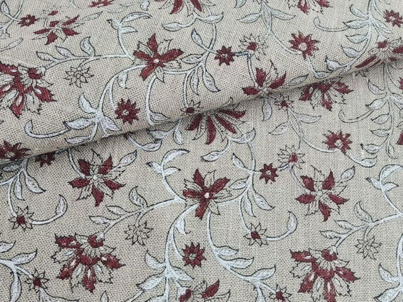 Handmade Block Printed Red & Gray Thick Linen Fabric  - Aradhana