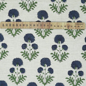 Handmade Blue Block Print Floral Linen Blend Fabric - Rishi