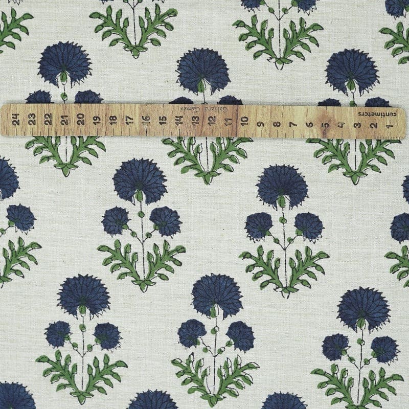 Handmade Blue Block Print Floral Linen Blend Fabric - Rishi