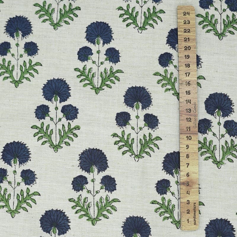 Handmade Blue Block Print Floral Linen Blend Fabric - Rishi
