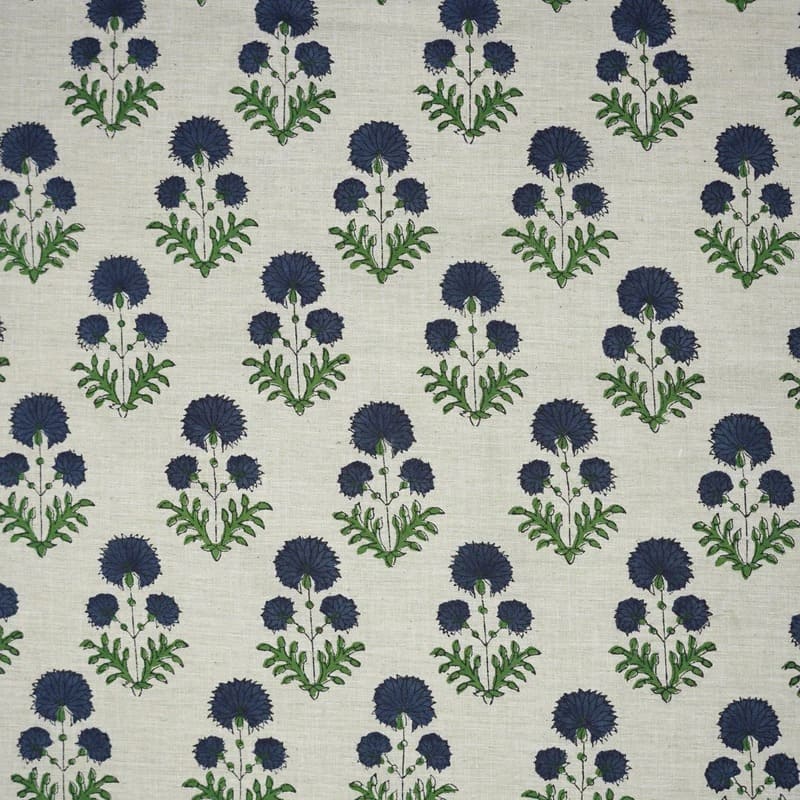 Handmade Blue Block Print Floral Linen Blend Fabric - Rishi