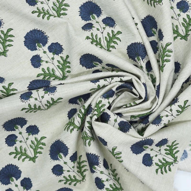 Handmade Blue Block Print Floral Linen Blend Fabric - Rishi