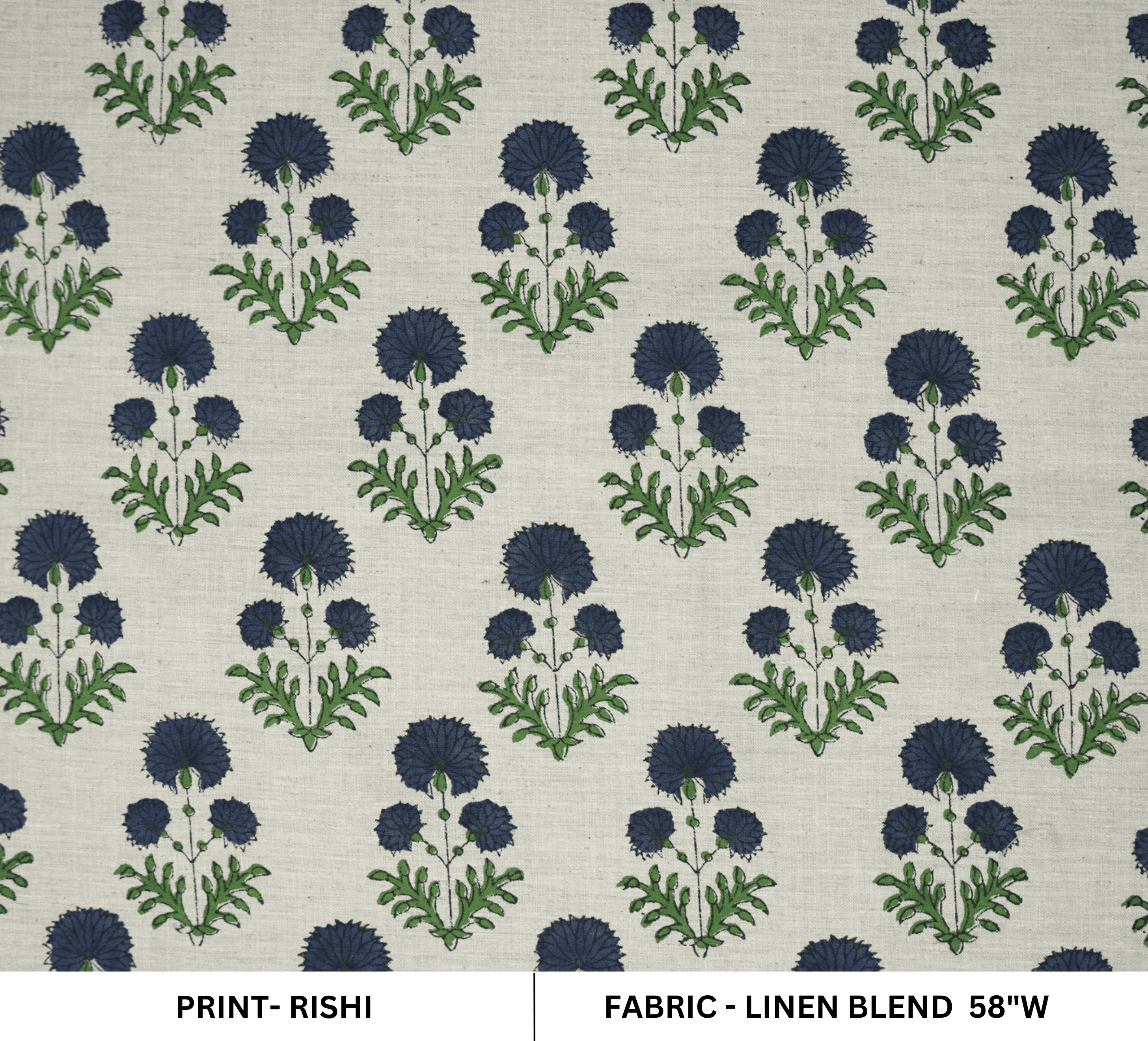 Handmade Blue Block Print Floral Linen Blend Fabric - Rishi