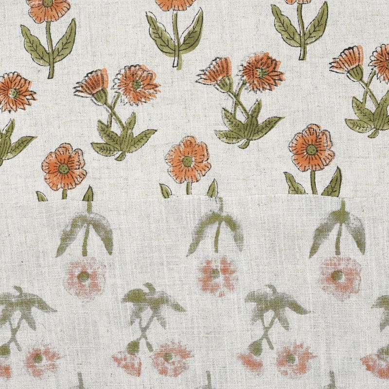 Hand Woven Hand Block Print Organge Viscose Linen Fabric - Kirti