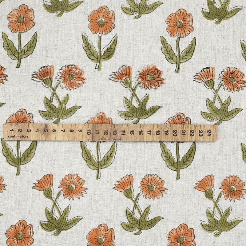Hand Woven Hand Block Print Organge Viscose Linen Fabric - Kirti
