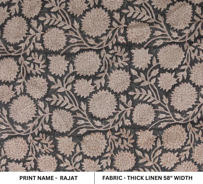 Handmade Stamped Block Print Brown Thick Linen Fabric - Rajat