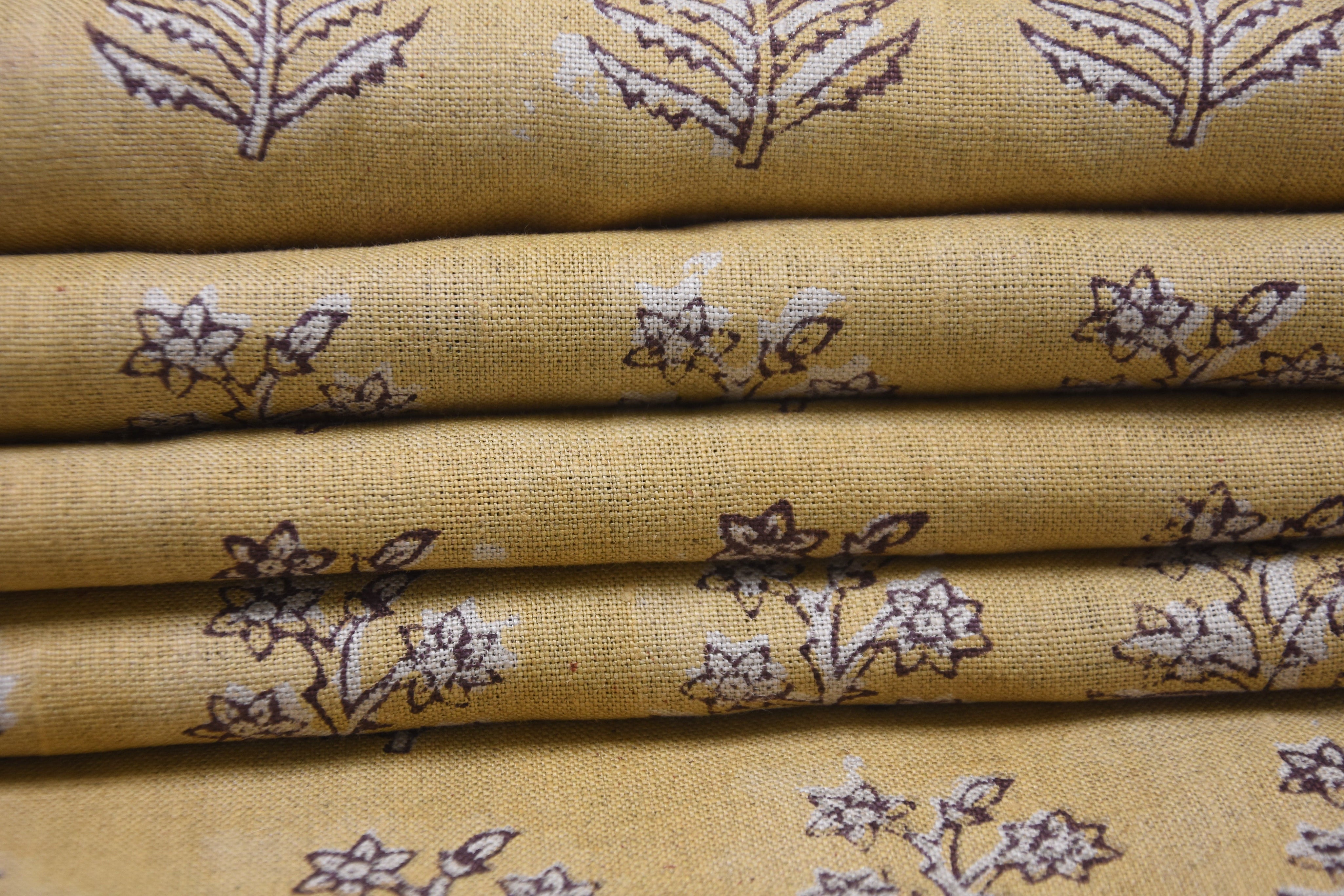 Handcrafted Throw Block Print Gold Pure Linen Fabric - Inderdhanush
