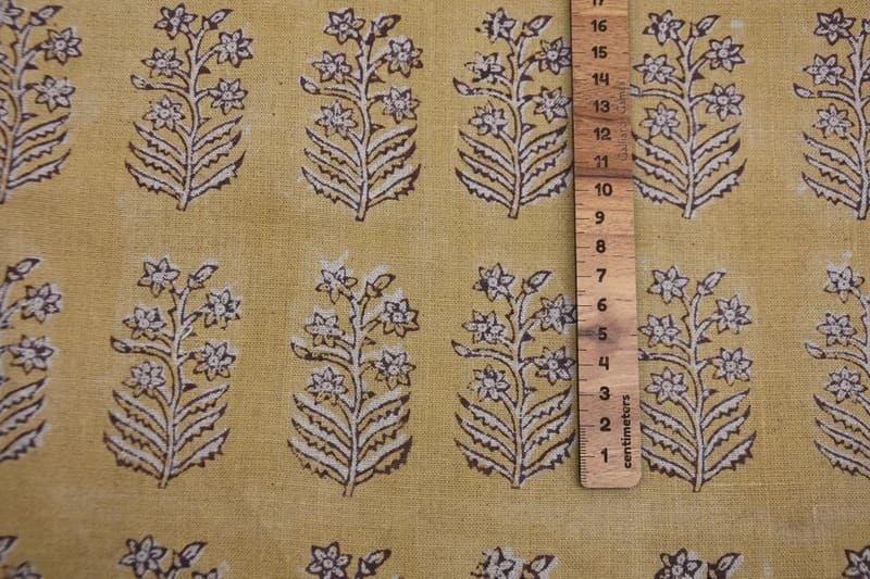 Handcrafted Throw Block Print Gold Pure Linen Fabric - Inderdhanush